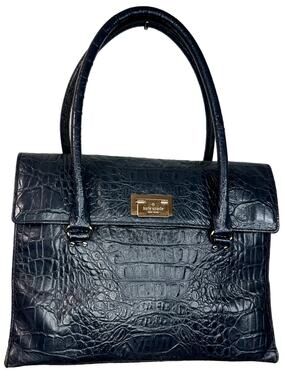 Kate Spade Croc Embossed Leather Satchel Navy Blue Top Handle Work Bag
